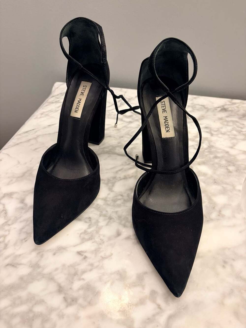 Steve Madden Pamperd Black Suede Pointed Toe Block Heels with Ankle Wrap